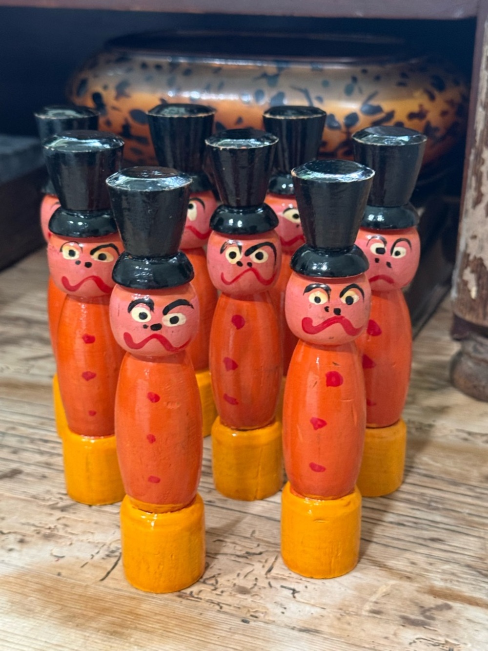 Vintage Hand Painted Wooden Bowling Pins Figures - Orange & Yellow Set